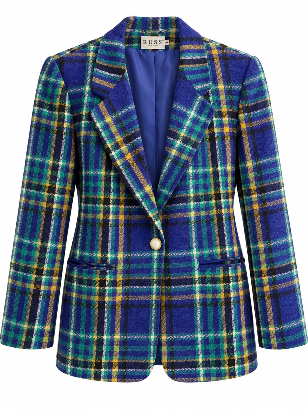 80s Vintage Russ Plaid Blazer Blue Green Yellow Tartan Made USA Size 8